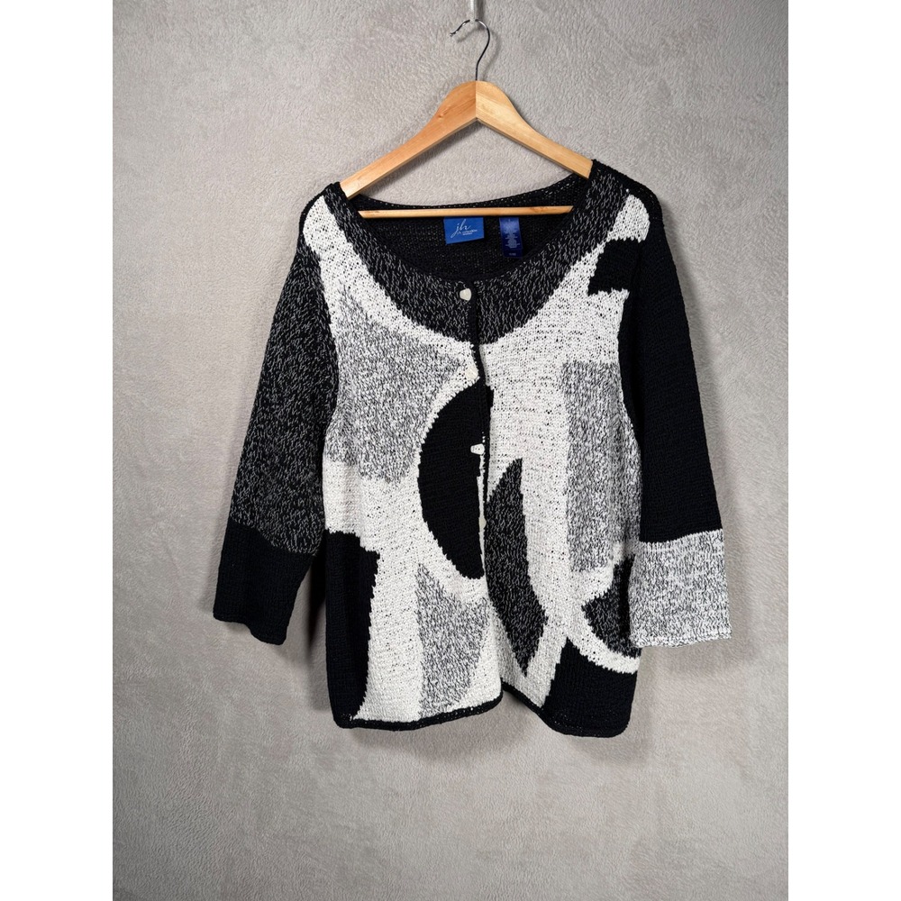 JH Collectibles Woman Black White Abstract Intarsia Knit Cardigan Sweater Sz 2